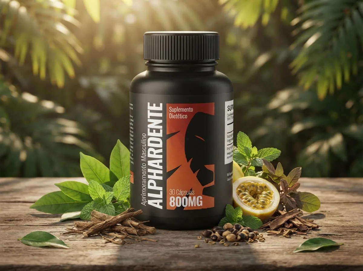 Frasco de Alphardente Cápsulas entre folhas e ingredientes naturais