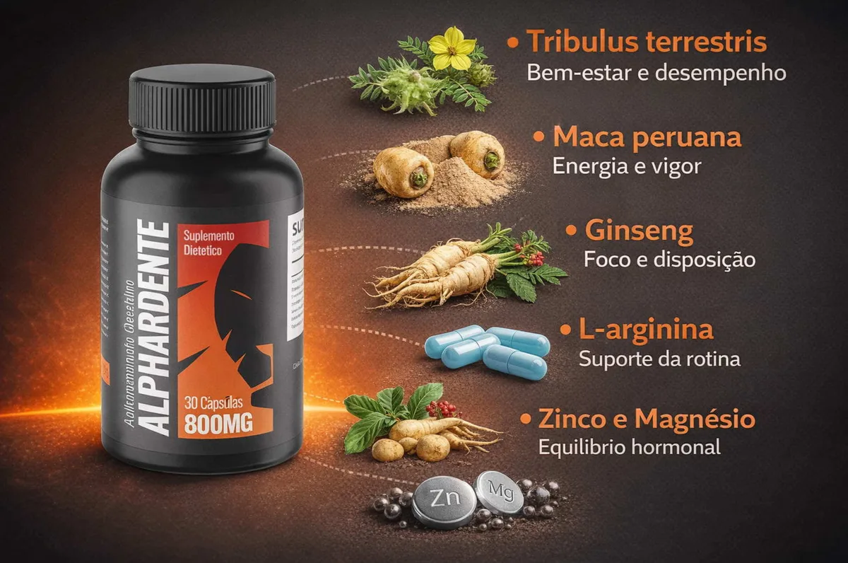 Ingredientes da fórmula do Alphardente Cápsulas: Tribulus, Maca peruana, Ginseng, L-arginina, zinco e magnésio