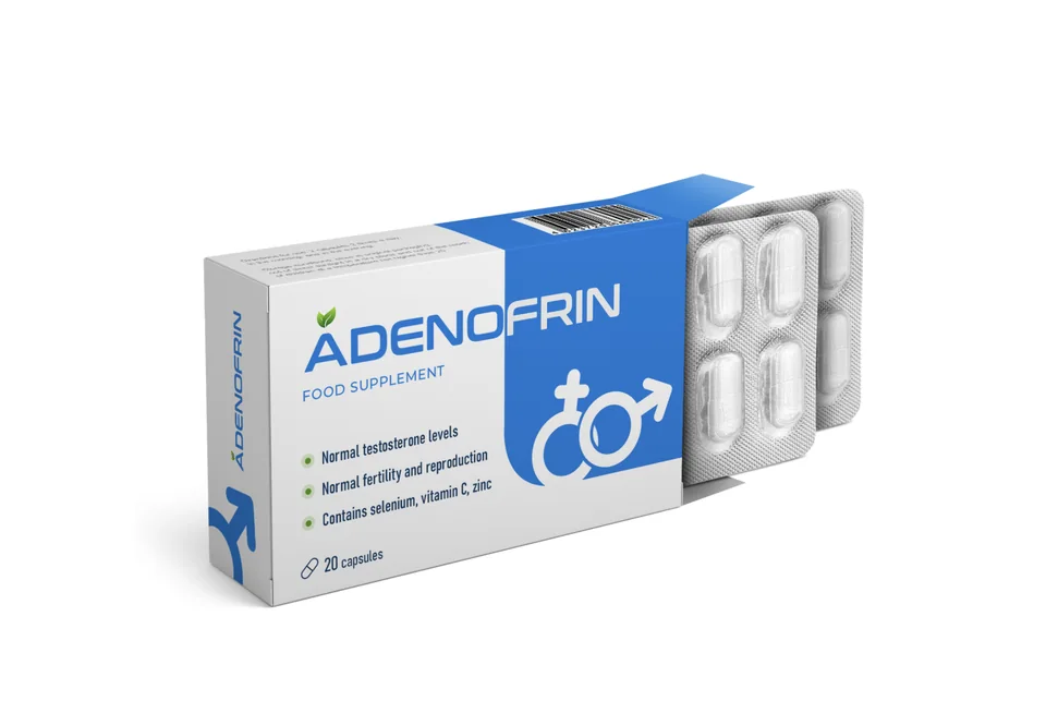 Adenofrin España: caja con blíster de cápsulas con ortiga, palmetto, tribulus, maca y arándano rojo