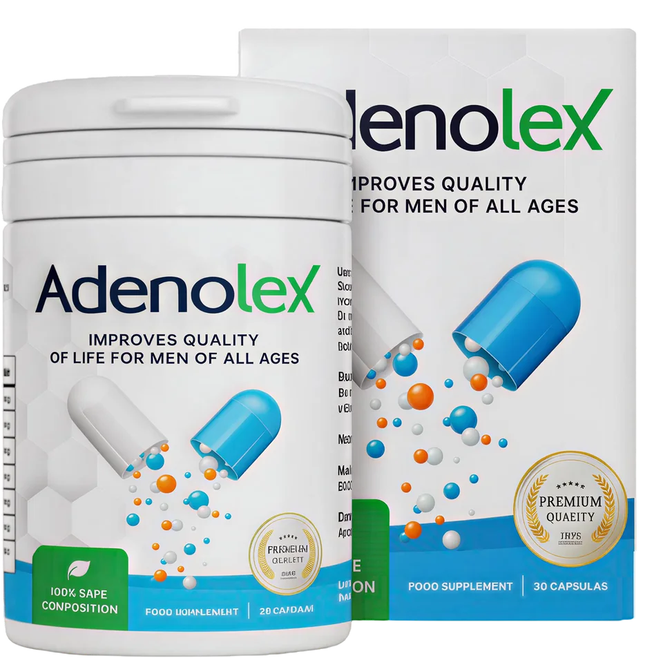 Adenolex España: frasco blanco de cápsulas para hombres con maca, ginseng y serenoa