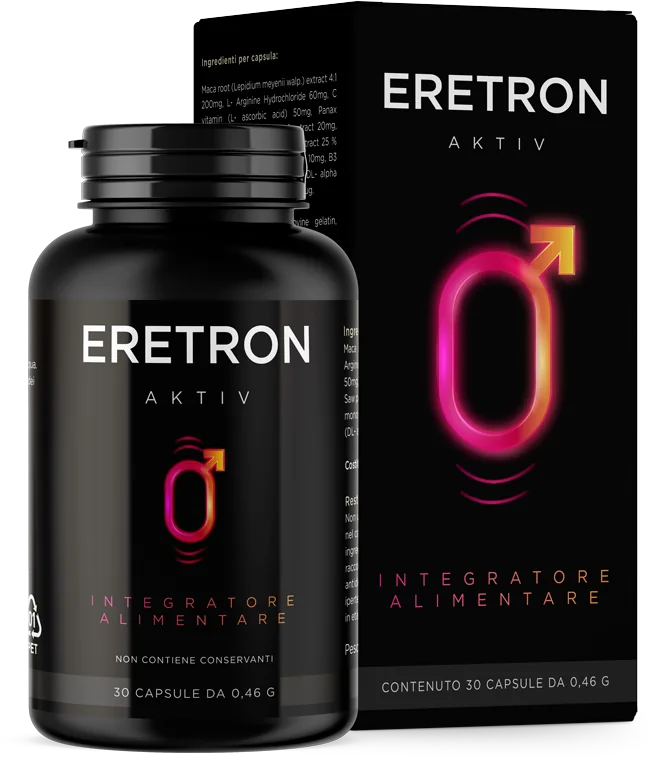 Eretron Aktiv España: frasco y estuche de cápsulas con maca, ginseng y serenoa