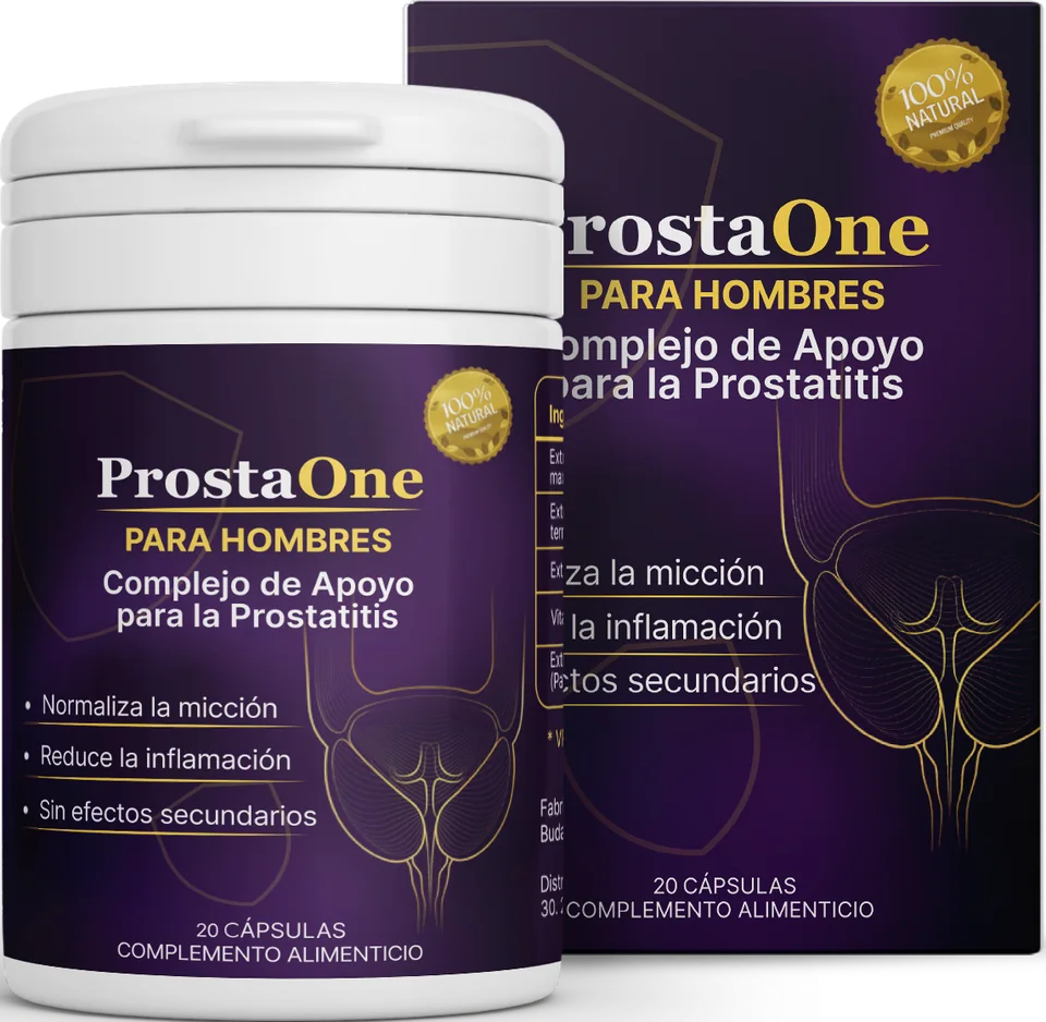 ProstaOne España: frasco y estuche con 20 cápsulas, complejo de apoyo para la próstata