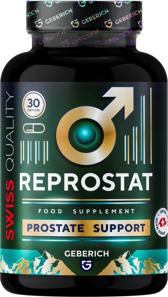 Reprostat España: frasco negro de cápsulas de apoyo para la próstata