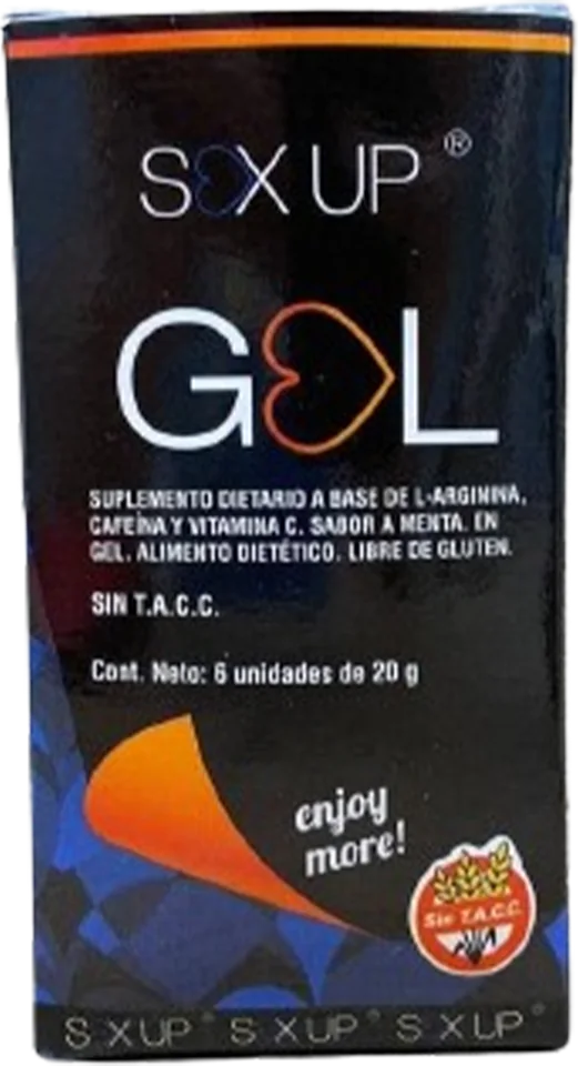 Sex Up Gel Argentina: caja con 6 sobres de gel oral con L-arginina, cafeína y vitamina C