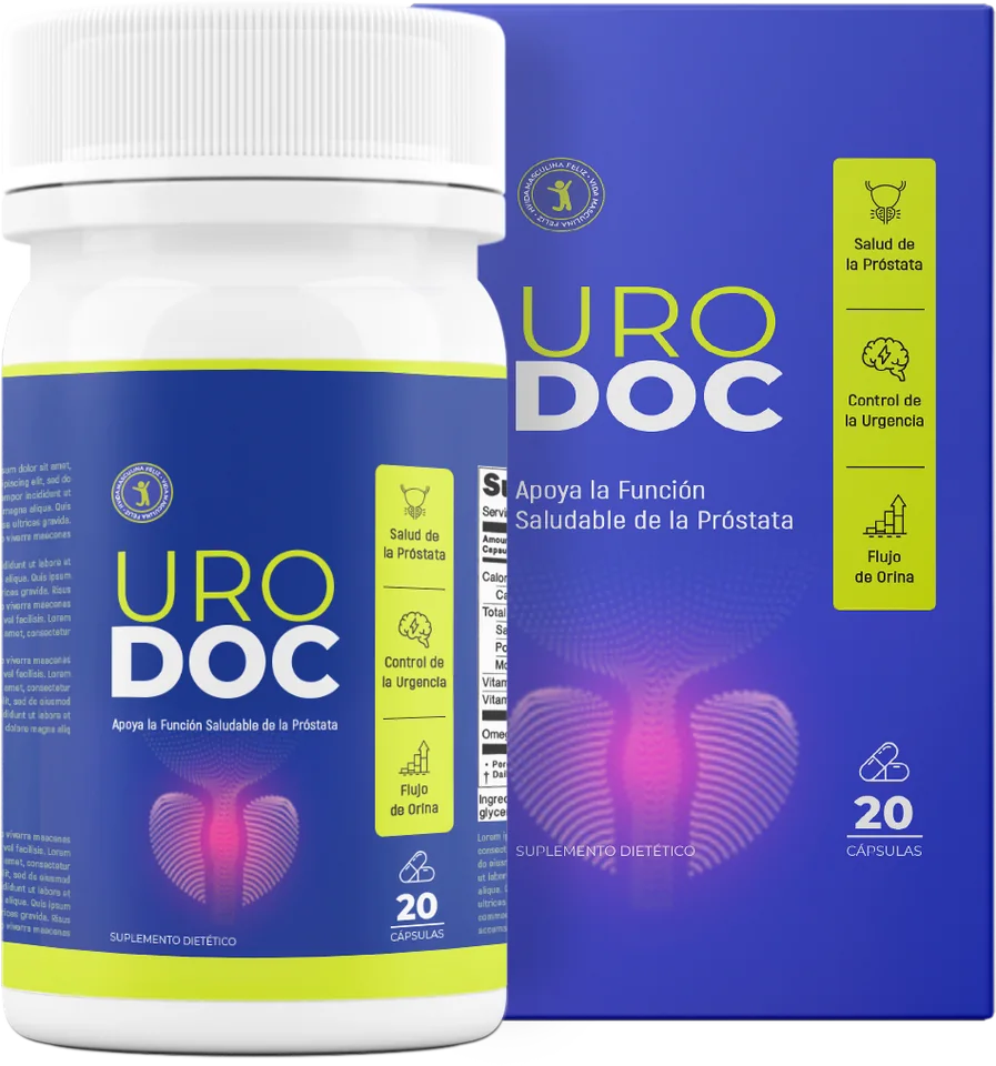 Urodoc Guatemala: frasco y estuche con 20 cápsulas para la función de la próstata