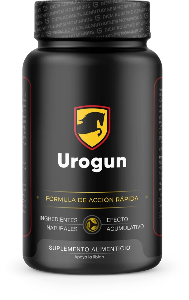 Urogun España: frasco negro de cápsulas con maca, ginseng y serenoa para la potencia masculina