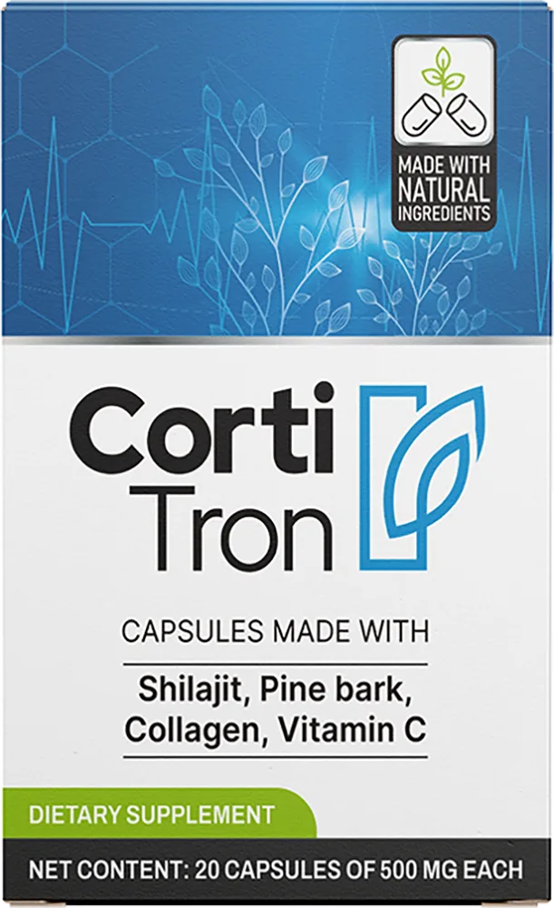 CortiTron bottle — natural antioxidant capsules with shilajit, collagen and pine bark
