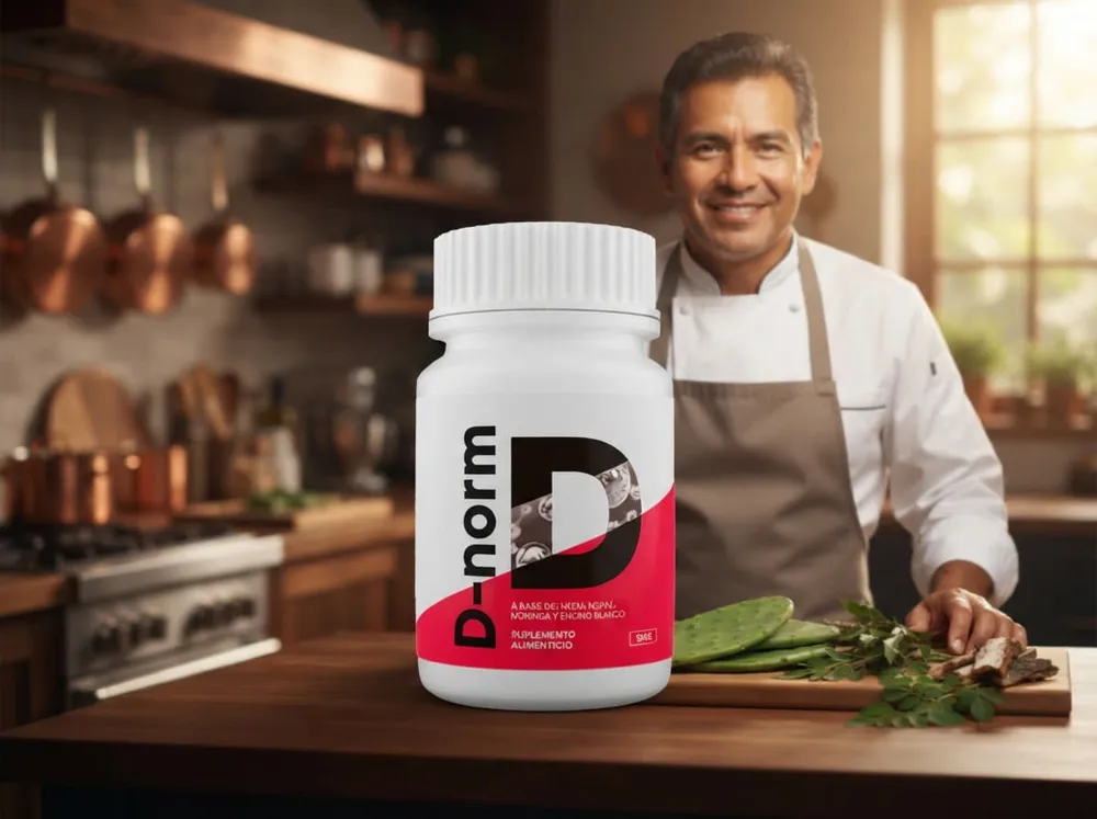 Hombre preparando comida casera con nopal y moringa junto al envase de D-Norm