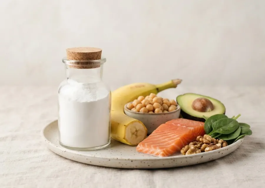Cápsulas y alimentos ricos en vitaminas del grupo B